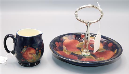 Moorcroft Pomegranate blue ground hors douevre dish with central chrome handle  and a similar small jug